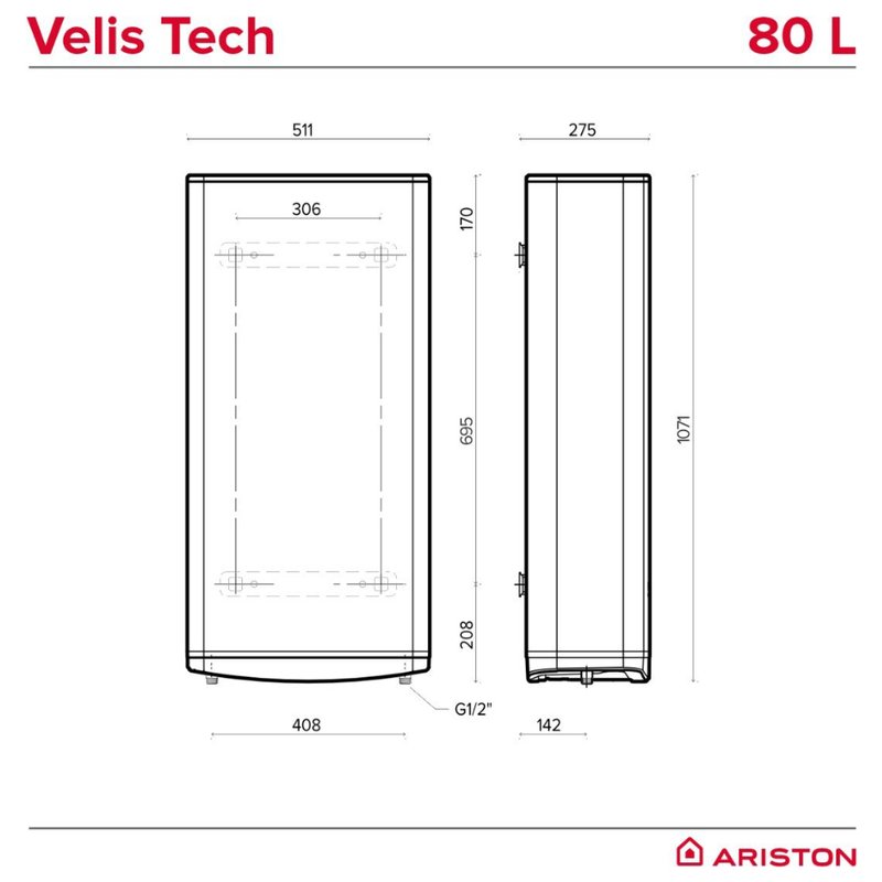 Boiler electric Ariston Velis Tech 80 EU, 80 litri - dimensiuni aparat